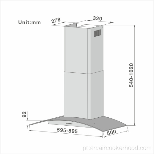 Capuz de panela de vidro curvo 502 60/90cm